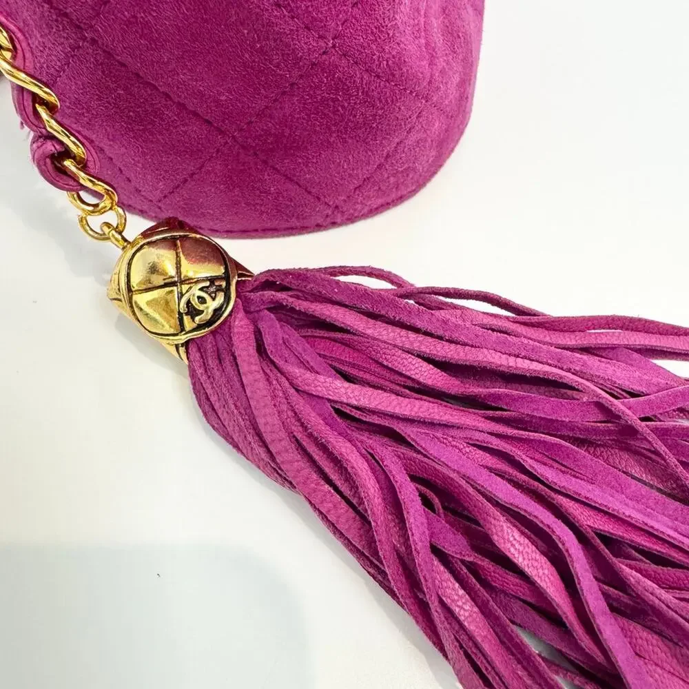 CHANEL Purple Vintage Tassel Chain Vanity Case Shoulder Bag Gold Logo Quilted